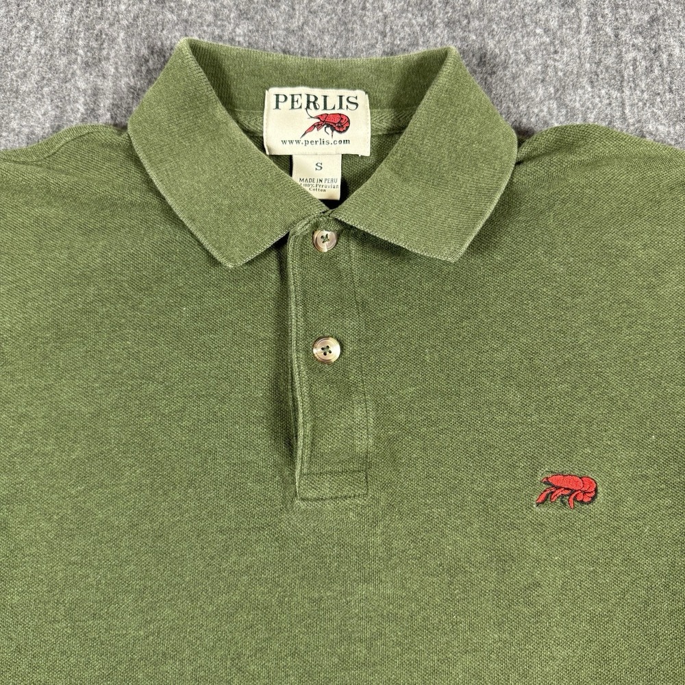 Perlis Men's Polo Shirt Small Green Crawfish Logo 100% Peruvian Cotton